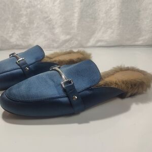Franco Sarto Blue Mule Loafers Faux Fur Lined Horsebit Slip On 8.5